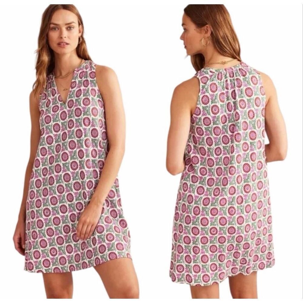 BODEN Mini Jersey Dress  Notch Neck Sleeveless White Pink size‎ 10